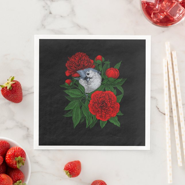 Serviette En Papier Oiseau sur un bouquet de pivoine rouge (En situation)