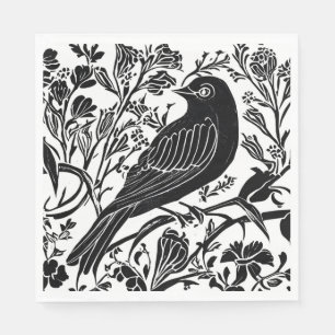 Serviette En Papier Oiseau sur une branche avec Fleurs en noir et blan