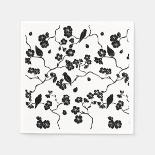 Serviette En Papier Oiseaux à motif noir et blanc sur fleurs de cerisi