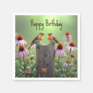 Serviette En Papier Oiseaux Chanteurs d'Anniversaire Sur Un Poteau Ave