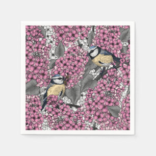 Serviette En Papier Oiseaux dans le jardin lilas rose