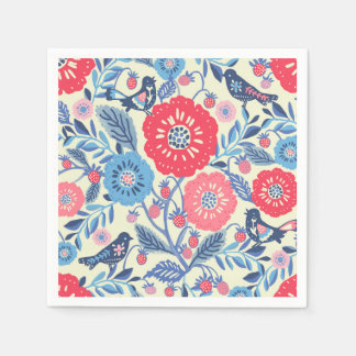 Serviette En Papier Oiseaux D'Art Folk Fraise Et Fleurs