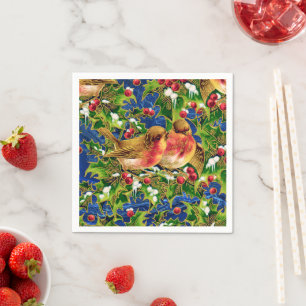 Serviette En Papier Oiseaux de Noël Vintage Holly Faux Motif d'or