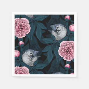 Serviette En Papier Oiseaux et fleurs de pivoines roses avec feuille
