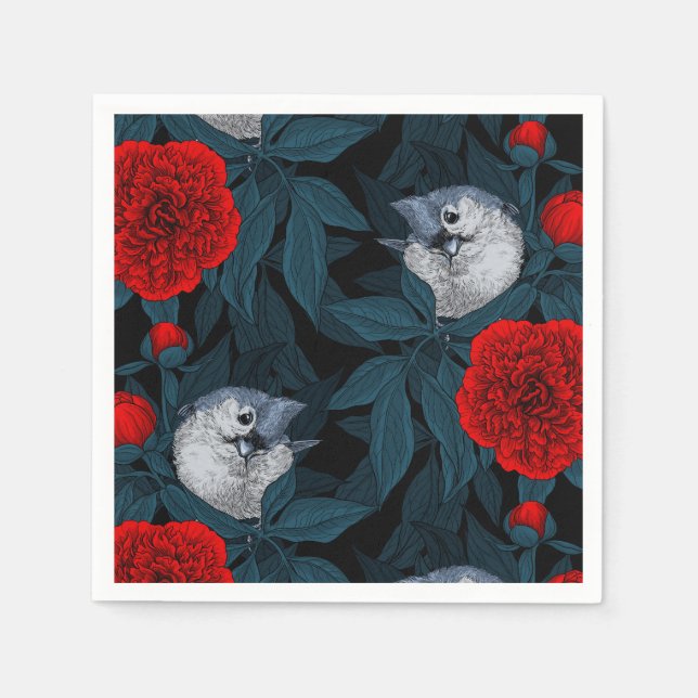 Serviette En Papier Oiseaux et fleurs de pivoines rouges avec feuilles (Devant)