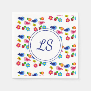 Serviette En Papier Oiseaux et fleurs printemps motif blanc