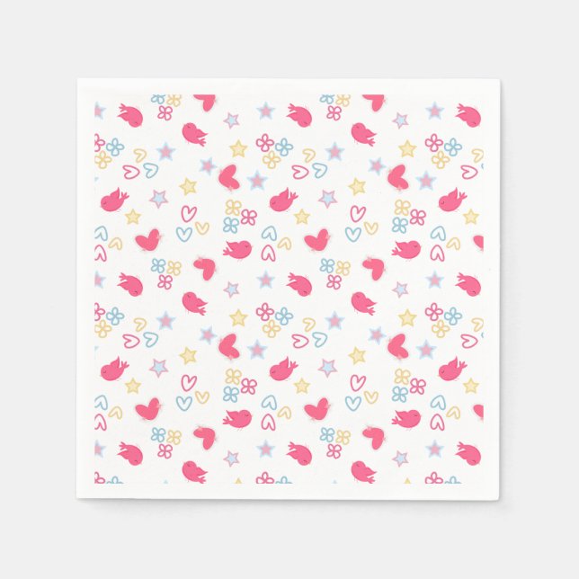 Serviette En Papier Oiseaux roses et Coeurs d'Amour (Devant)