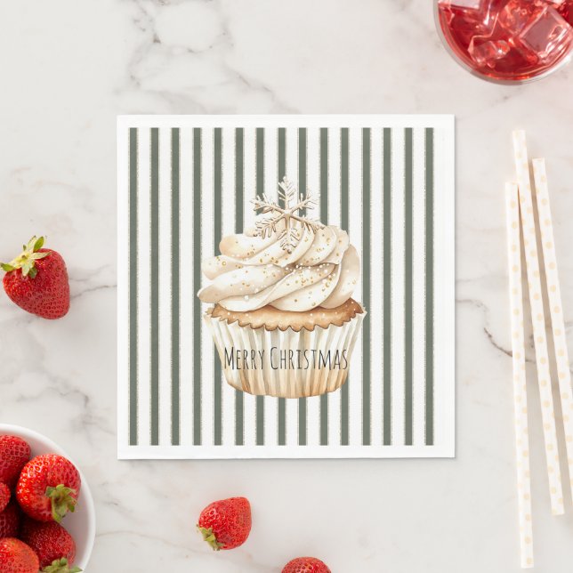 Serviette En Papier Olive Cream Stripes Snowflake Cupcake Christmas (En situation)