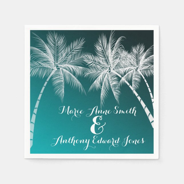 SERVIETTE EN PAPIER OMBRÉ PALMES TROPICALES TURQUOISES (Devant)
