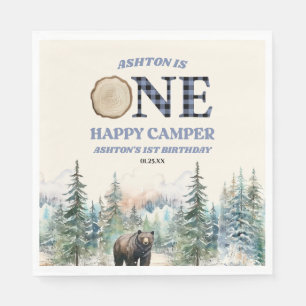 Serviette En Papier ONE Happy Camper Bear Bleu 1er anniversaire fête