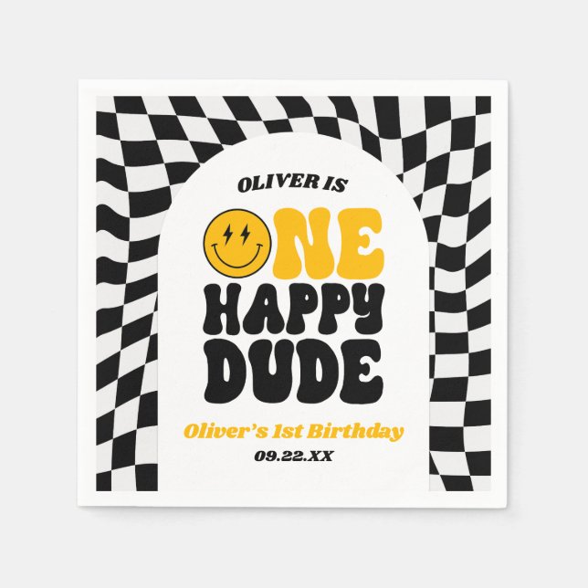 Serviette En Papier One Happy Dude Retro First 1st Birthday Party (Devant)