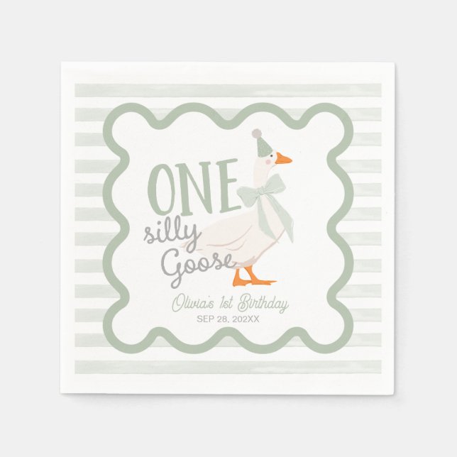 Serviette En Papier One Silly Goose Green Bow 1st Birthday (Devant)