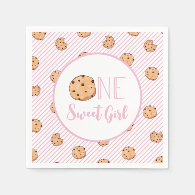Serviette En Papier One Sweet Girl cookies et Pink stripes Anniversair (Devant)