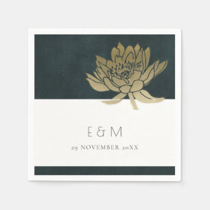 SERVIETTE EN PAPIER OR EMERALD VERT LOTUS MARIAGE MONOGRAMME FLORAL