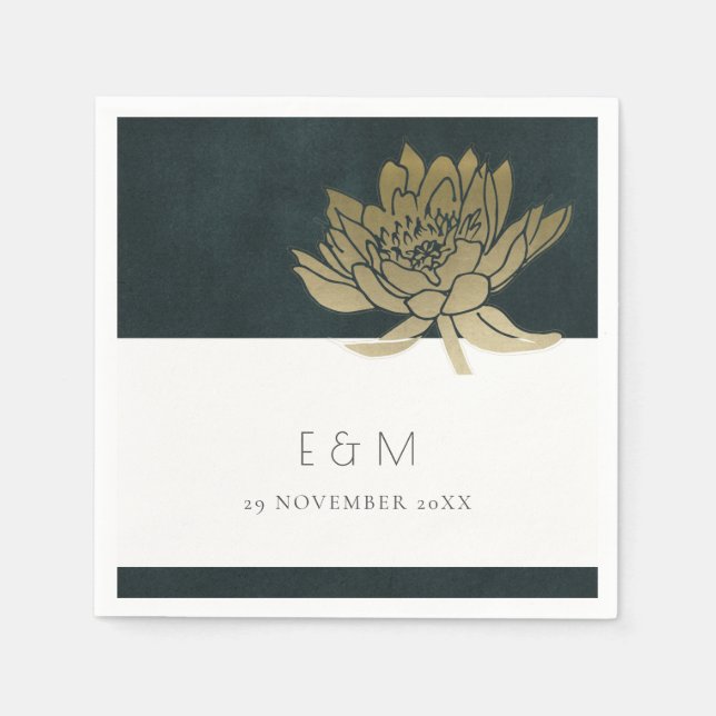 SERVIETTE EN PAPIER OR EMERALD VERT LOTUS MARIAGE MONOGRAMME FLORAL (Devant)
