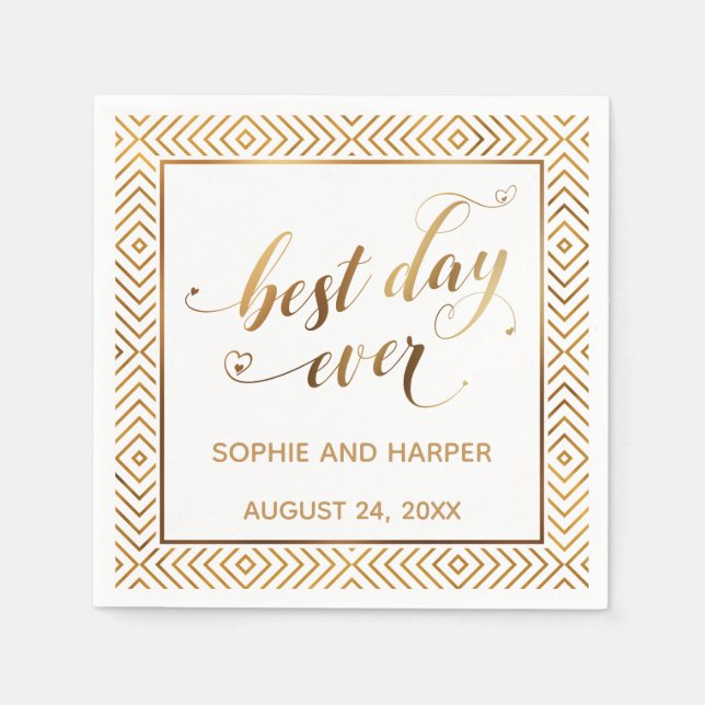 Serviette En Papier Or et blanc Meilleur Jour jamais, Coeurs Diamants (Devant)