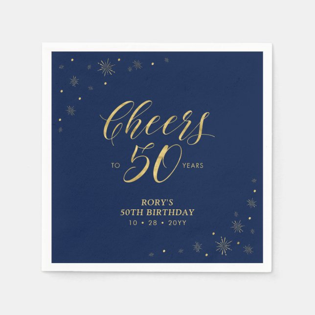 Serviette En Papier Or et marine | Modern Cheers 50th Birthday Party (Devant)