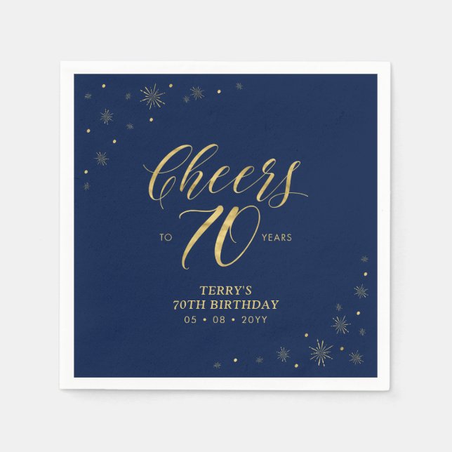 Serviette En Papier Or et marine | Modern Cheers 70th Birthday Party (Devant)