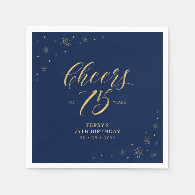 Serviette En Papier Or et marine | Modern Cheers 75th Birthday Party (Devant)