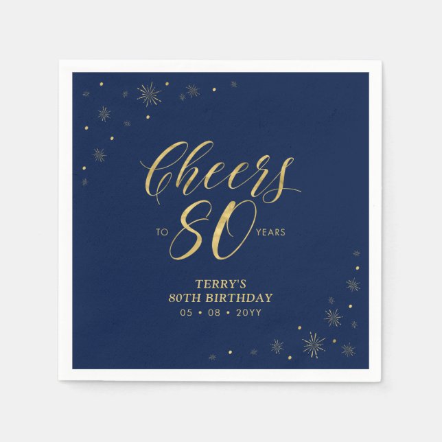 Serviette En Papier Or et marine | Modern Cheers 80th Birthday Party (Devant)