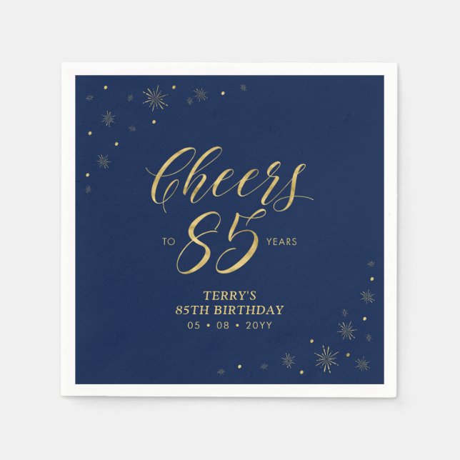 Serviette En Papier Or et marine | Modern Cheers 85th Birthday Party (Devant)