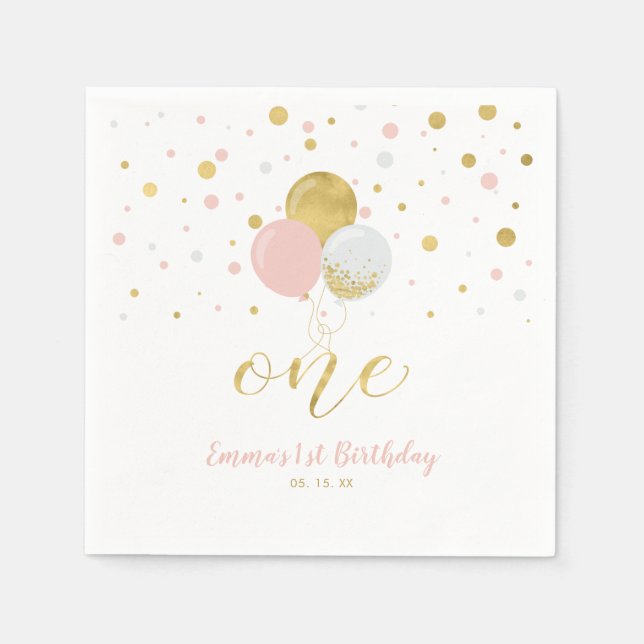 Serviette En Papier Or et rose | Ballons, Fille Confetti 1er anniversa (Devant)