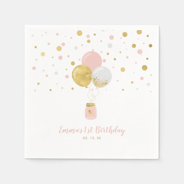 Serviette En Papier Or et rose | Balloons & Confetti Fille Anniversair (Devant)