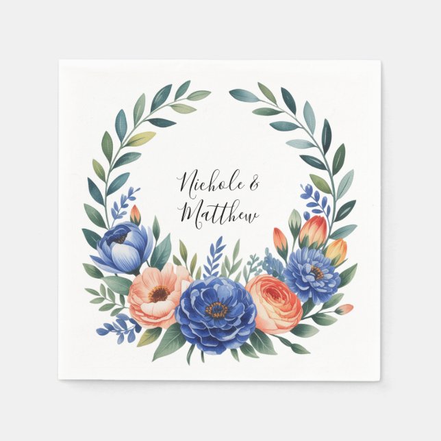 Serviette En Papier Orange and Cobalt Blue Floral Wedding (Devant)