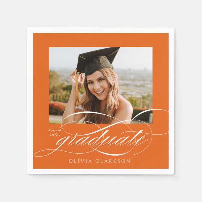 Serviette En Papier Orange Elegant Script Photo Graduation Party (Devant)