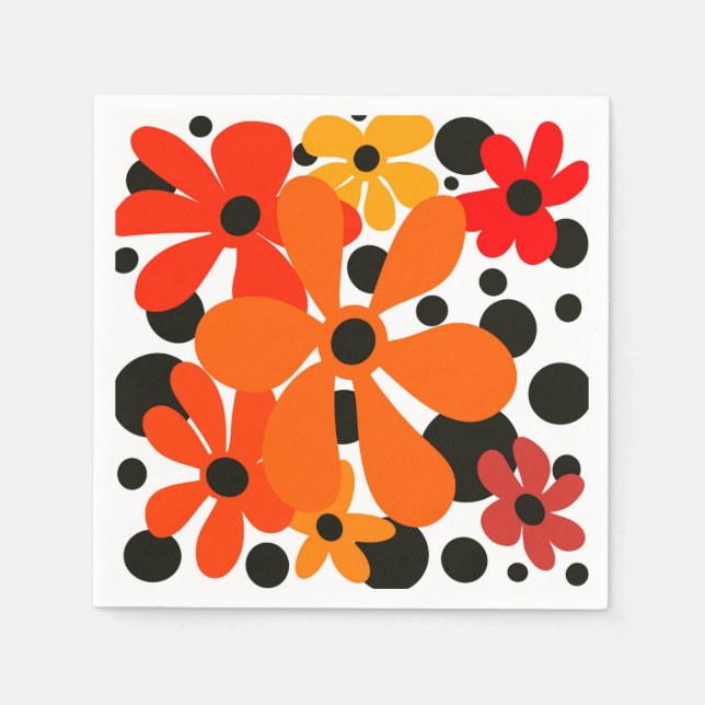 Serviette En Papier Orange fleur funky & pois noirs (Devant)