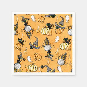 SERVIETTE EN PAPIER ORANGE HALLOWEWEEN CITROUILLE ET CHATS NOIRS
