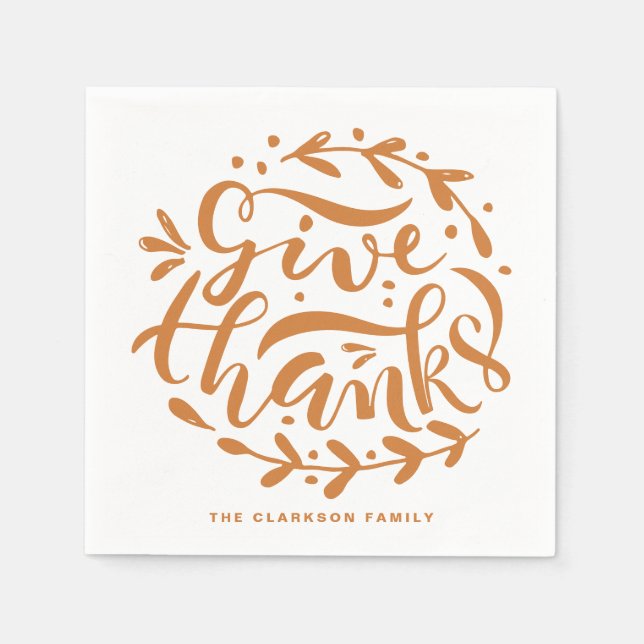 Serviette En Papier Orange Lettré À La Main Donner Merci Thanksgiving (Devant)