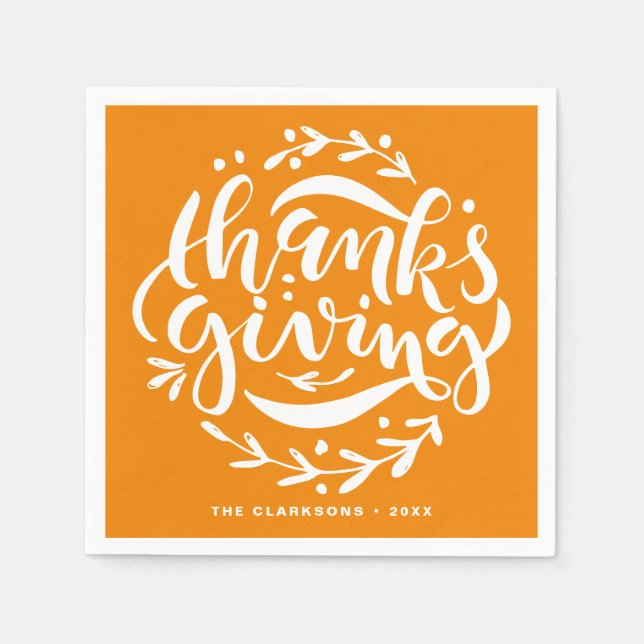 Serviette En Papier Orange Lettré Main Thanksgiving Wreath (Devant)