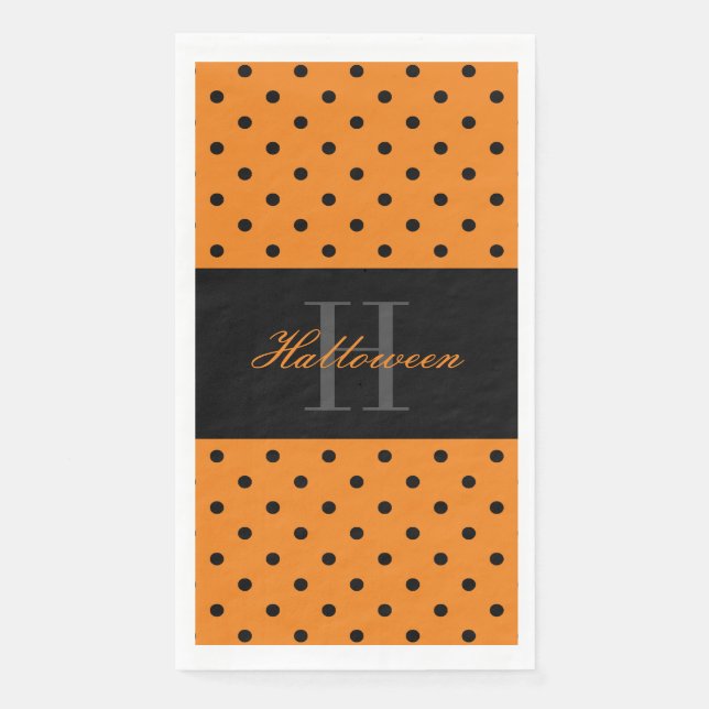 Serviette En Papier Orange noir pois personnalisé monogramme Halloween (Devant)