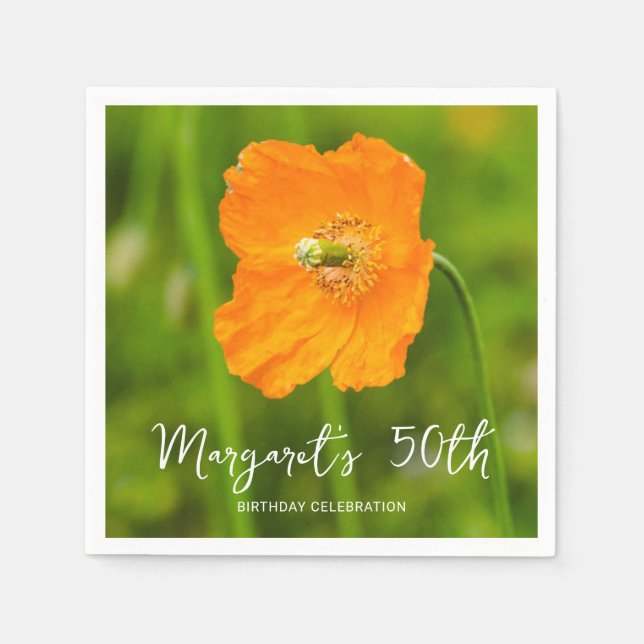 Serviette En Papier Orange Poppy Flower On Green 50th Birthday Party (Devant)