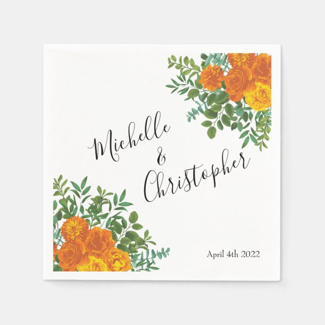 Serviette En Papier Orange Rose Mariage Floral Moderne (Devant)