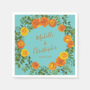 Serviette En Papier Orange Turquoise Aqua Peony & Rose Floral Mariage