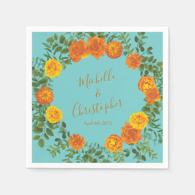 Serviette En Papier Orange Turquoise Aqua Peony & Rose Floral Mariage (Devant)