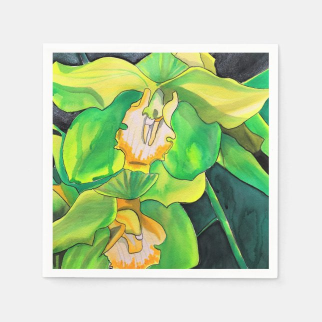 Serviette En Papier Orchidée fleurs vert et jaune art (Devant)