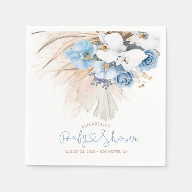 Serviette En Papier Orchidées Bleues et Pampas Grass Elegant Boho (Devant)