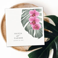 Orchidées roses chaudes sur Monstera Mariage tropi