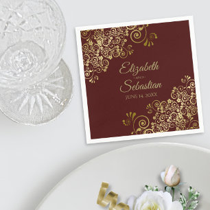 Serviette En Papier Ornate Gold Curls Elegant Auburn Brown Mariage