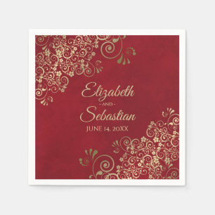 Serviette En Papier Ornate Gold Filigree Élégant Mariage rouge marbré
