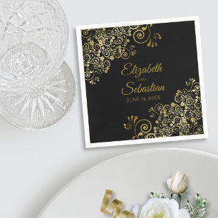 Serviette En Papier Ornate Gold Floral Filigree Élégant Mariage noir