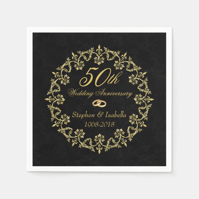 Serviette En Papier Ornate Gold sur Black 50e anniversaire Mariage (Devant)