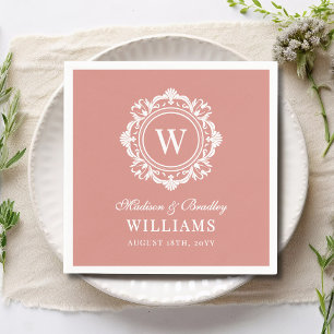 Serviette En Papier Orné Floral Monogramme Mariage Élégant Rose Or