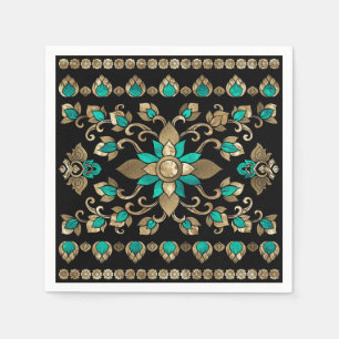Serviette En Papier Ornement thaïlandais - Or et Turquoise