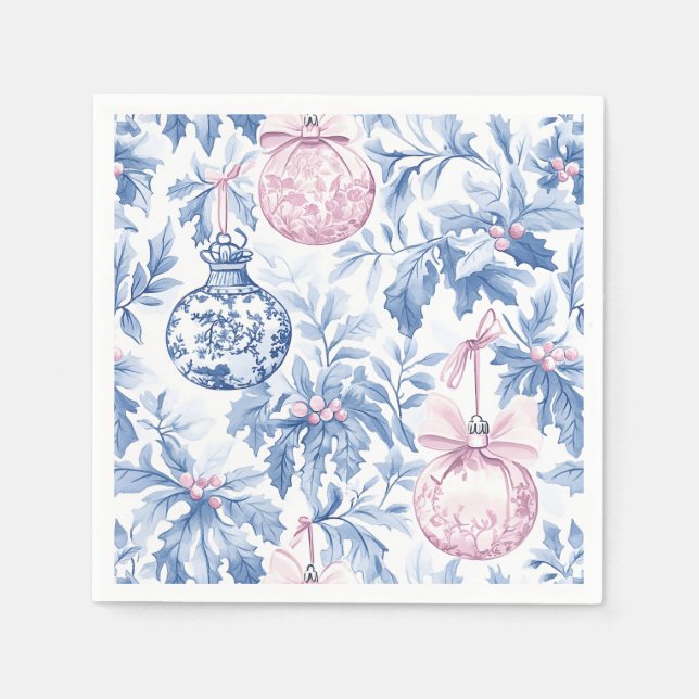 Serviette En Papier ornements de Noël bleu doux toile rose (Devant)