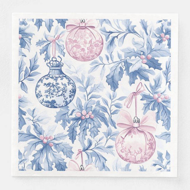 Serviette En Papier ornements de Noël bleu doux toile rose (Devant)
