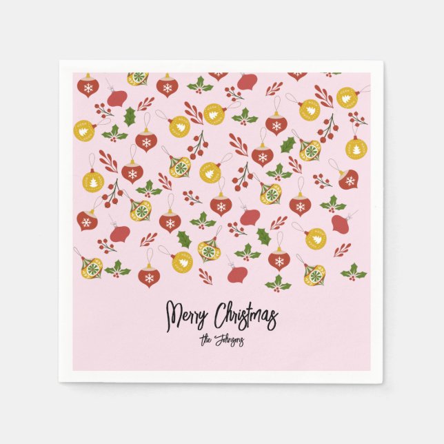 Serviette En Papier Ornements de Noël Festive Verdure rose (Devant)